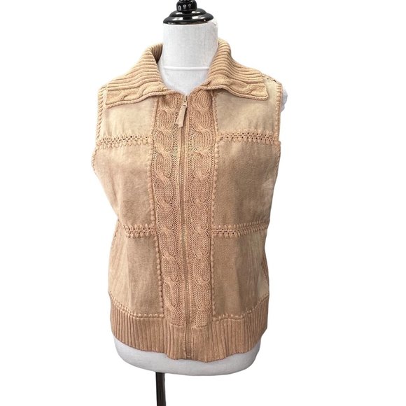 Designers Studio Originals Leather Knit Sweater Vest Zip Front M Tan Boho Hippie - Picture 1 of 5